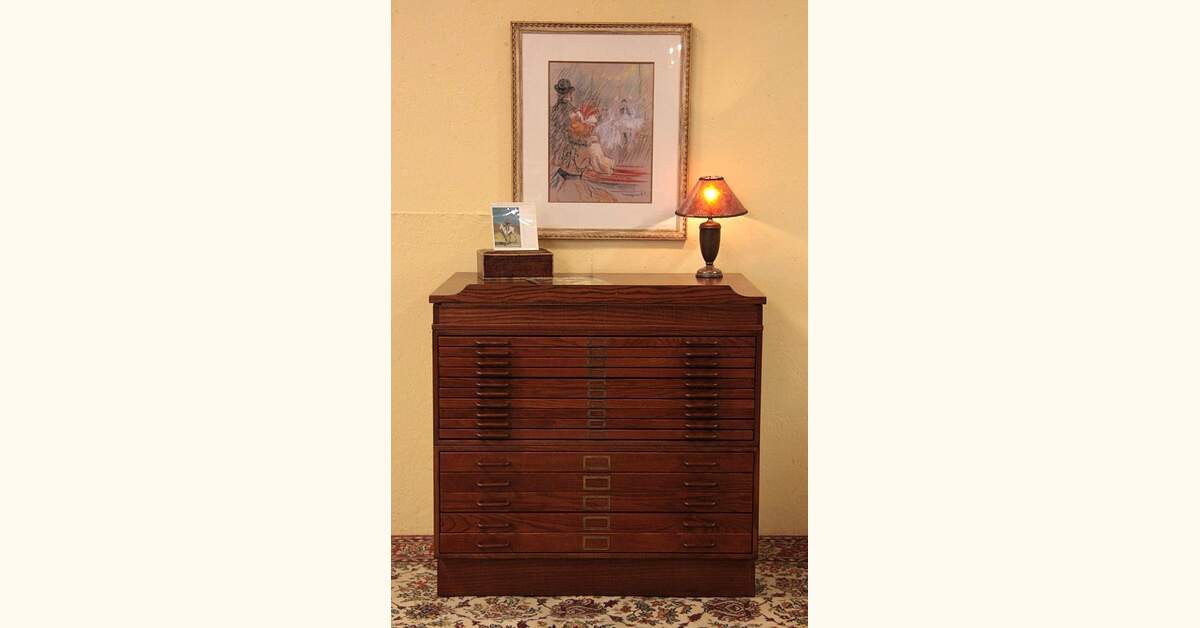 Oak 15 Drawer Map Chest, Drawing File & Easel