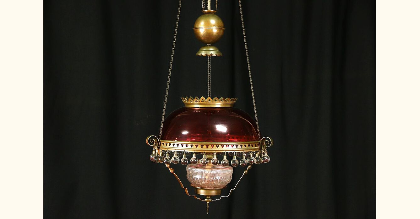 Victorian 1880 Antique Hanging Light Kerosene Lamp Cranberry Shade Ball Prisms