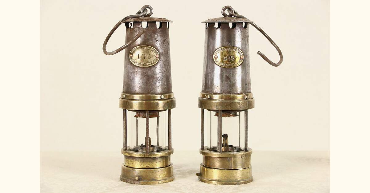 Pair of 1900 Antique Coal Miner Oil Lanterns, Signed Patterson