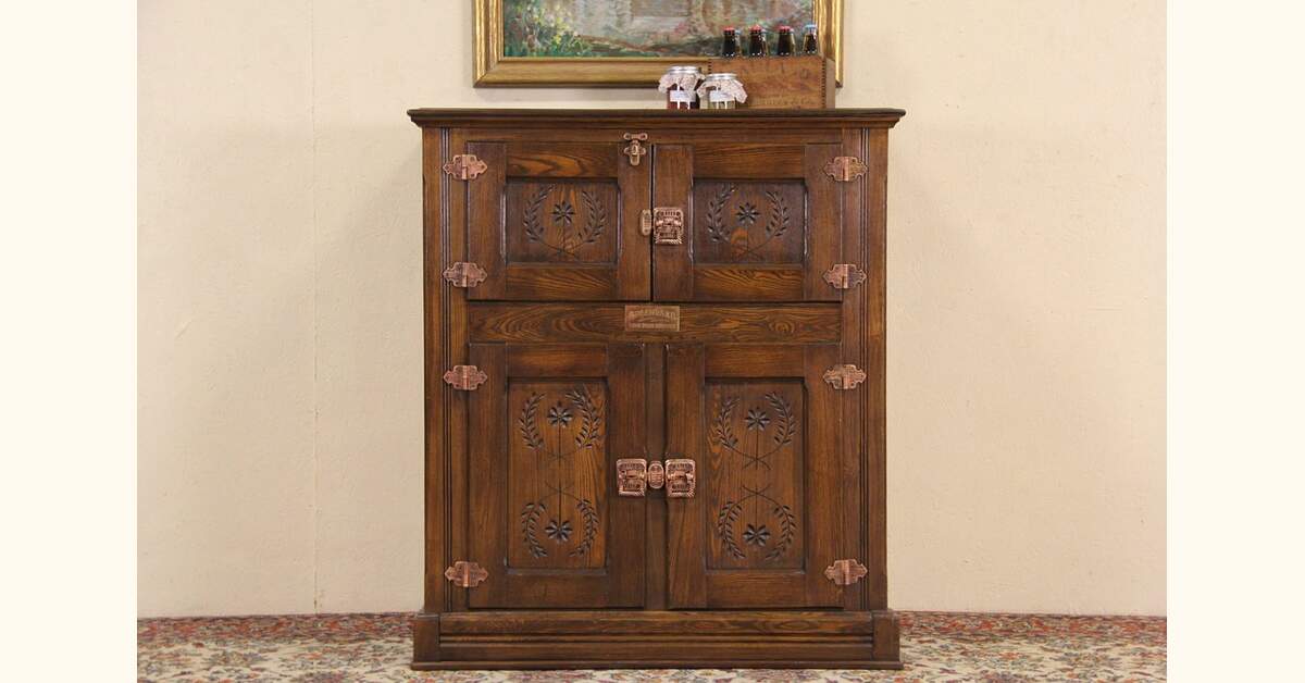 Greenland 1890 Antique Oak Icebox, Original Bronze Hardware