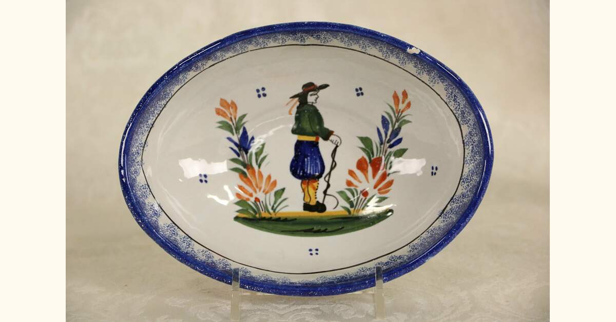 Henriot Quimper Signed Oval Bowl, Hand Painted Brittany, France