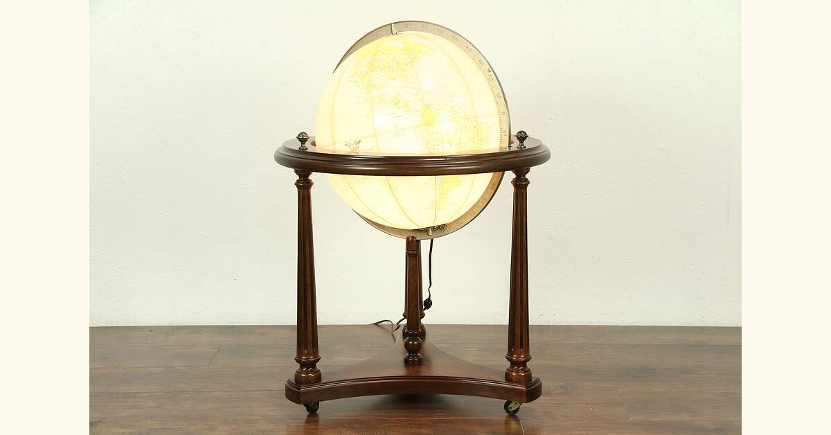 Lighted Vintage 16" Replogle Globe of the World, Cherry Stand