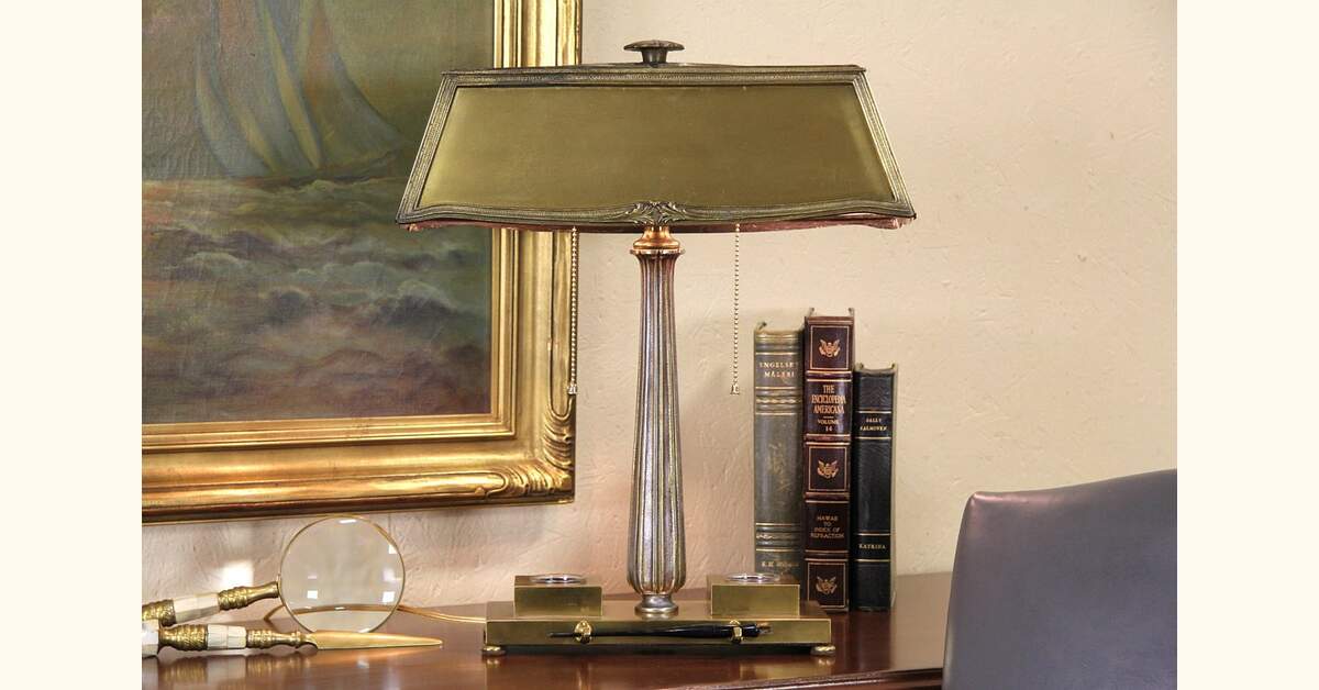 Partner Double 1915 Desk Lamp, Pen Rests & Inkwells