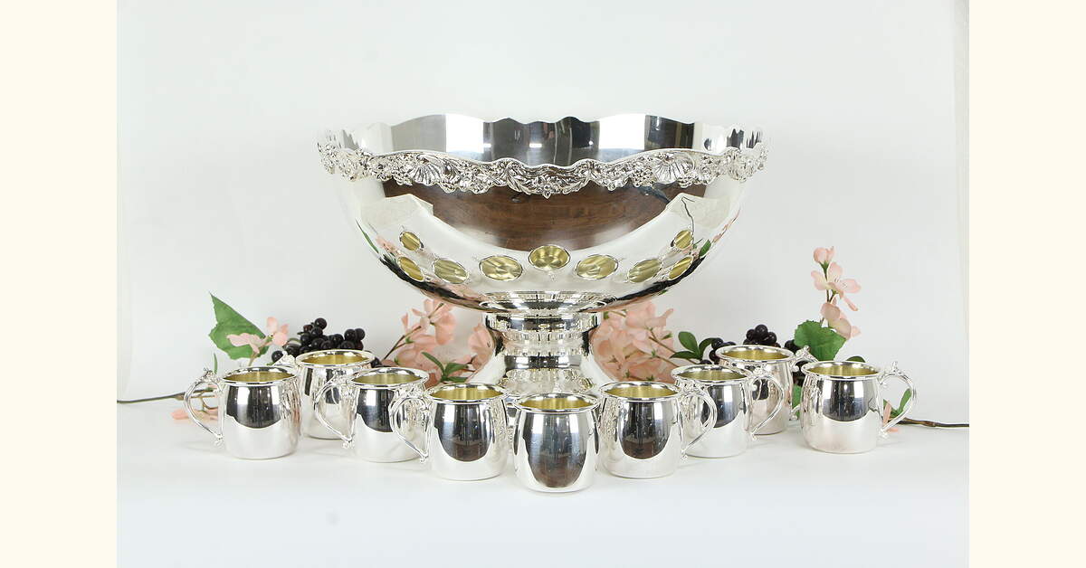 Silverplate Footed Vintage Punch Bowl Set, Cups, Signed Towle