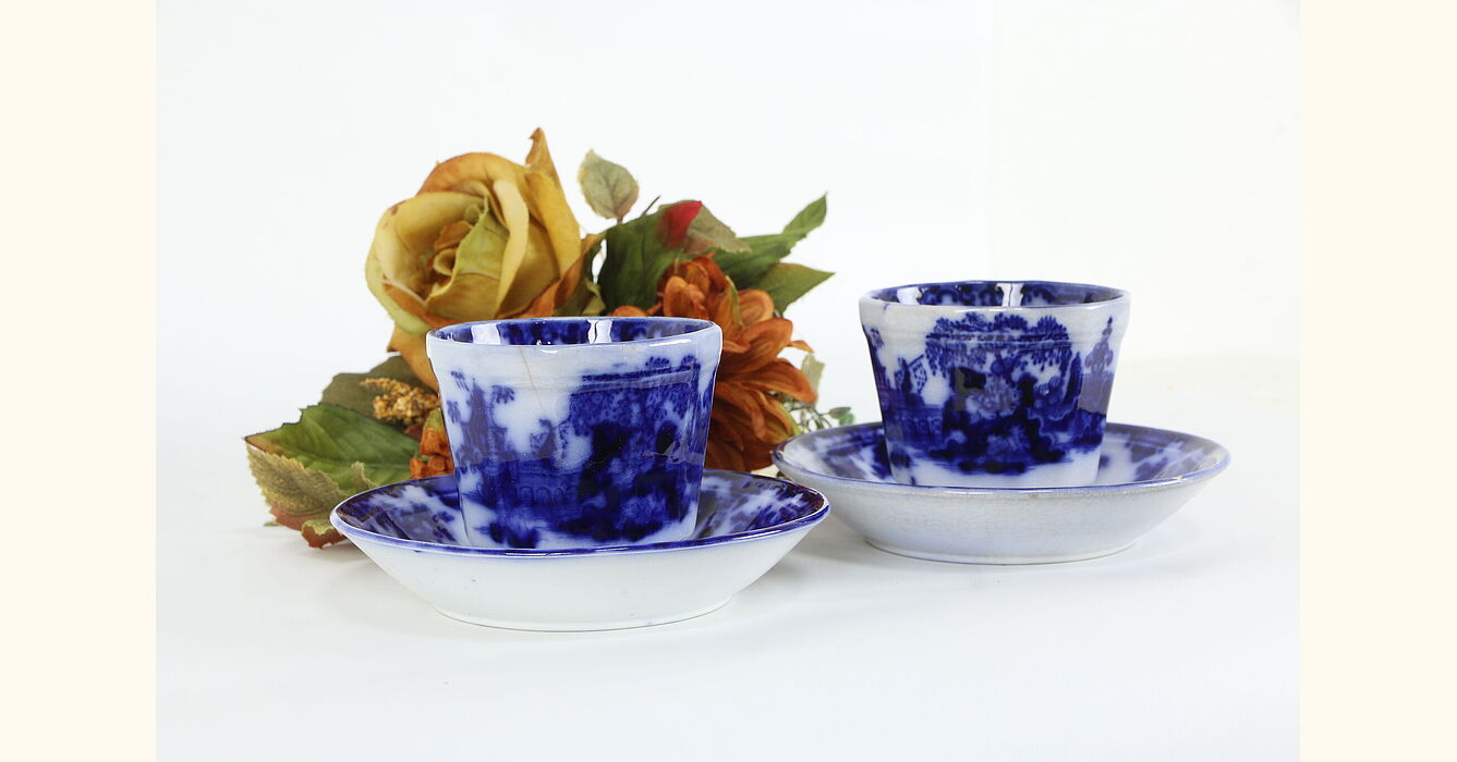Victorian English Flow Blue Antique China Cup And Saucer Pair Scinde