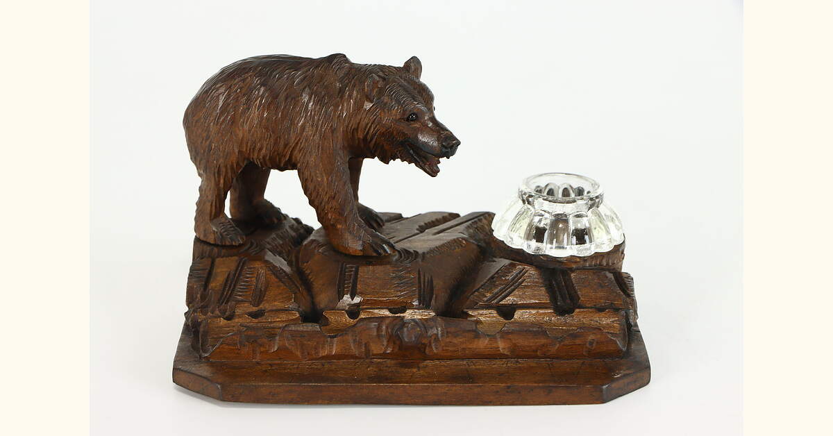 Black Forest Carved Bear Antique Inkstand With Glass Inkwell