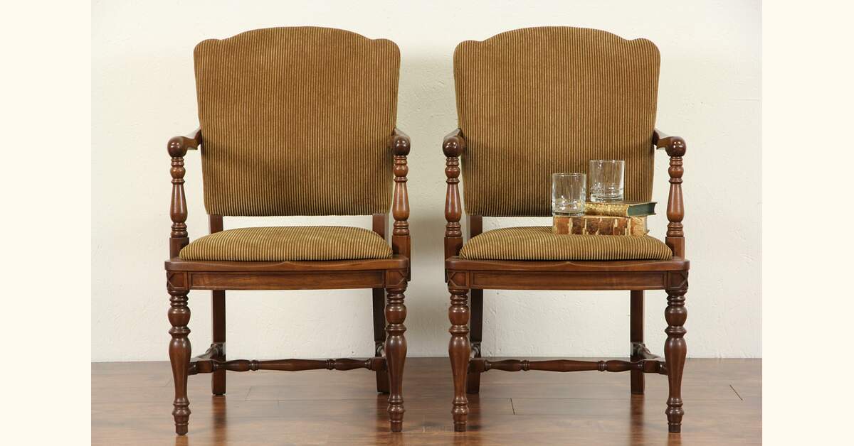 Pair of 1915 Antique Walnut Lawyer Chairs w/ Arms, New Upholstery, No. 1