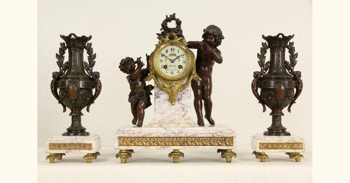 French Marble Antique 1890's Signed Mantel Clock Set & Side Urns