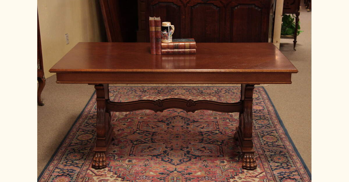 Carved Oak Library Table or Writing Desk, Paw Feet