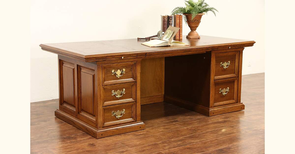 Oak Vintage Paneled Executive or Library Desk, Signed Alex Stewart