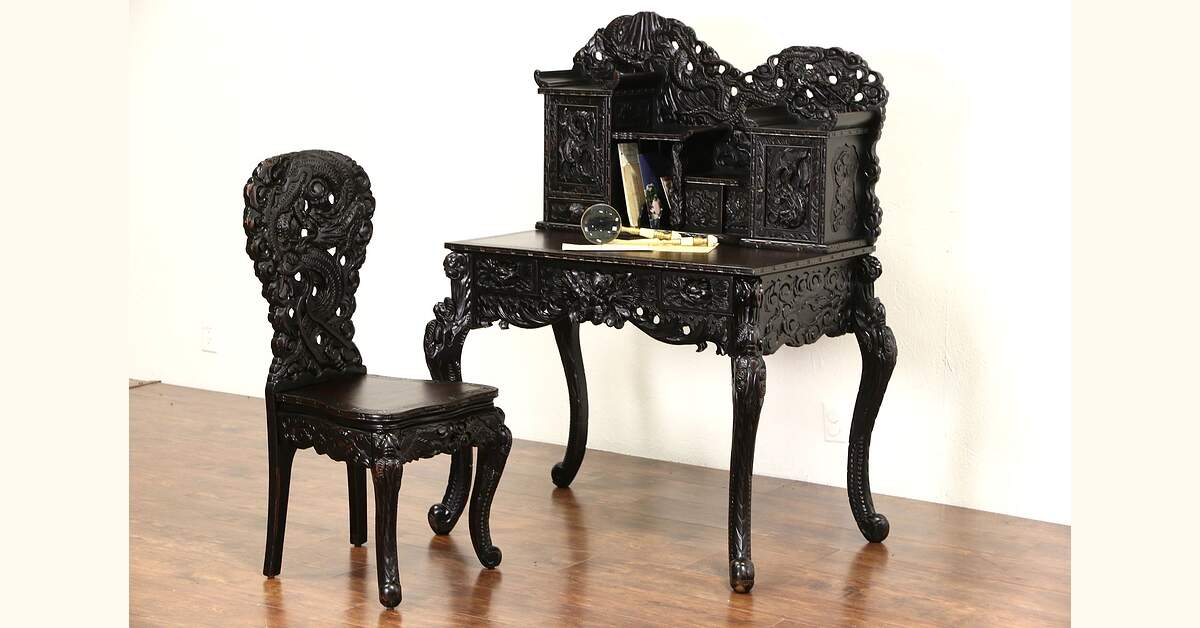Japanese 1920's Antique Dragon Carved Secretary Desk and Chair Set