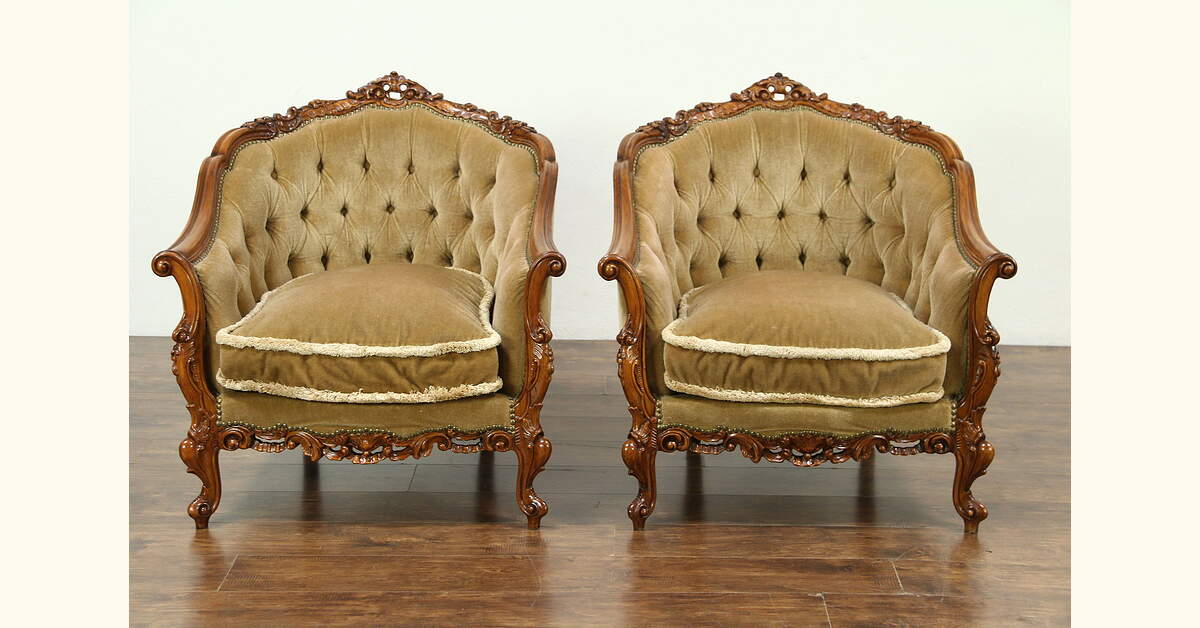 Pair Carved 1940 Vintage Mohair Tufted Chairs, Down Cushions