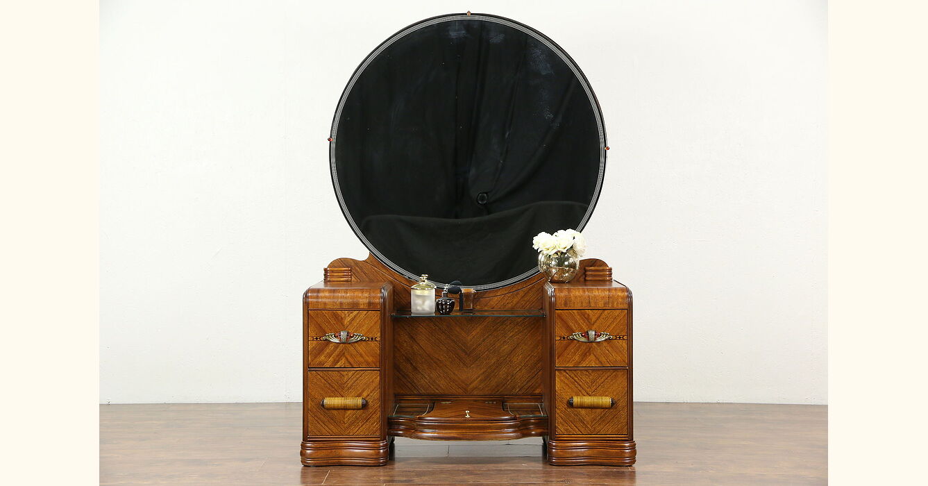 Art Deco Waterfall 1930's Vintage Vanity or Dressing Table with Mirror