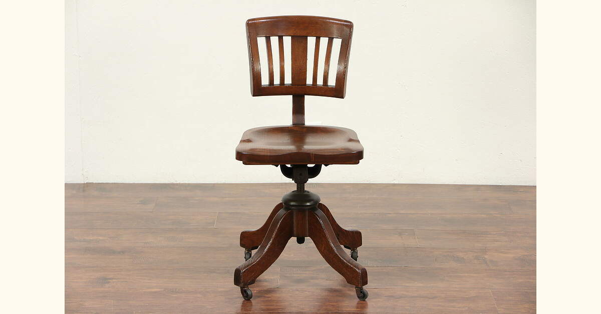 Oak Antique 1930's Vintage Adjustable Swivel Small Desk Chair, Johnson
