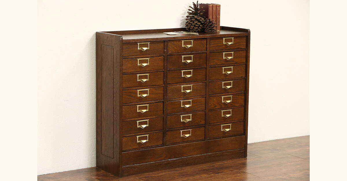 Oak 21 Drawer File or Collector Cabinet, 1915 Antique, Brass Pulls