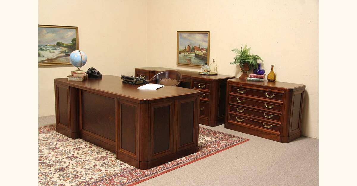 Alex Stuart Vintage Mahogany Executive 3 Pc. Desk, Credenza & File Set