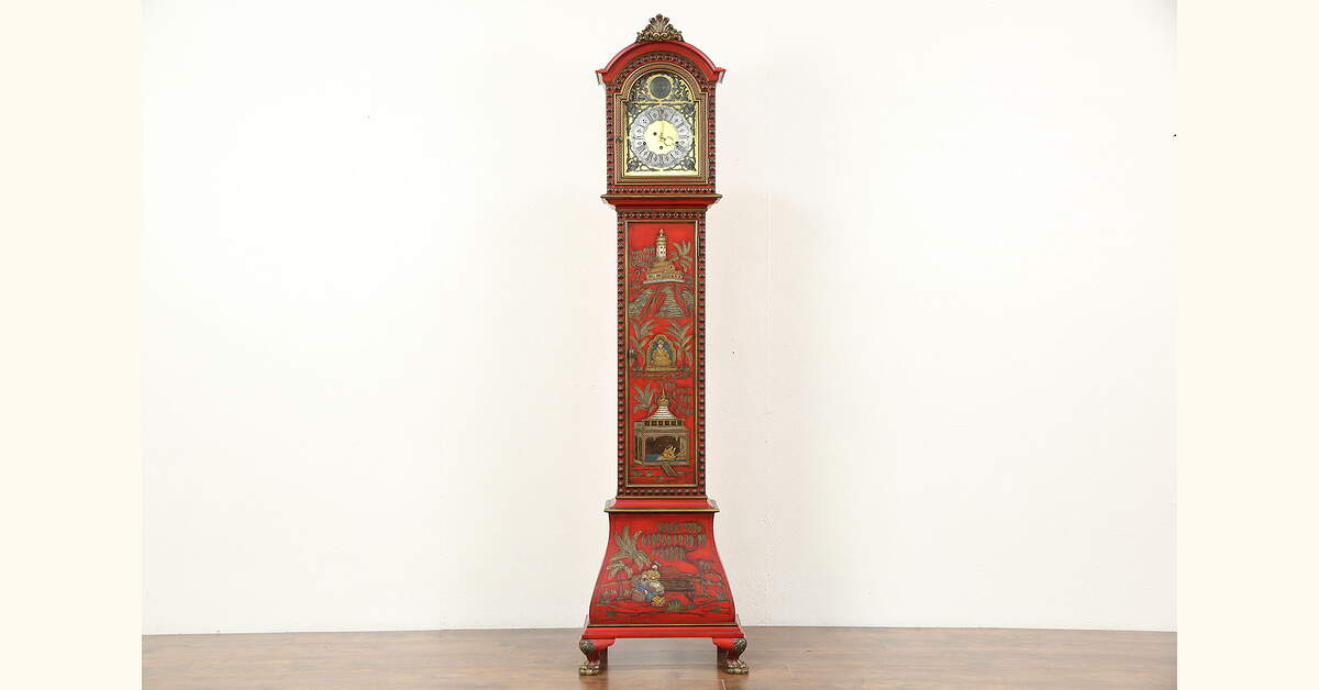 洋楽 One Grand Chinoiserie Hand Painted Chinese Lacquer Long Case Grandfather