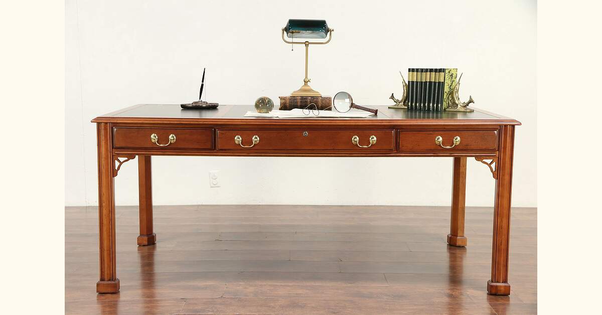 Library Writing Desk Cherry Vintage Library Writing Desk, Tooled Leather, Signed Harden
