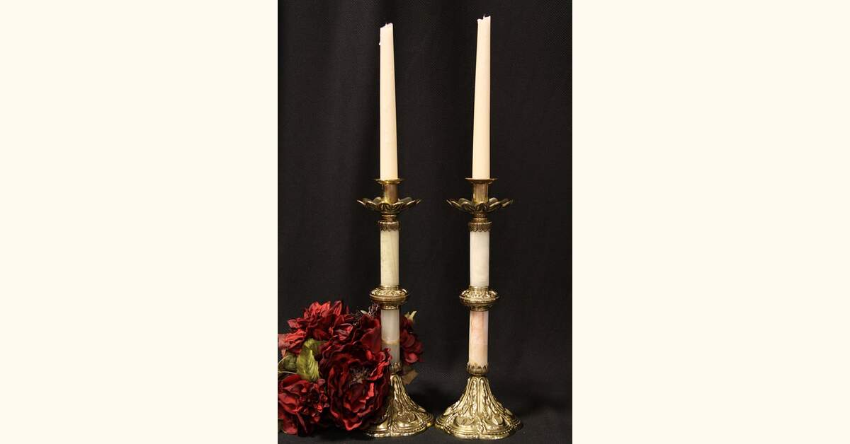 Pair of Antique Brass & Onyx Candlesticks