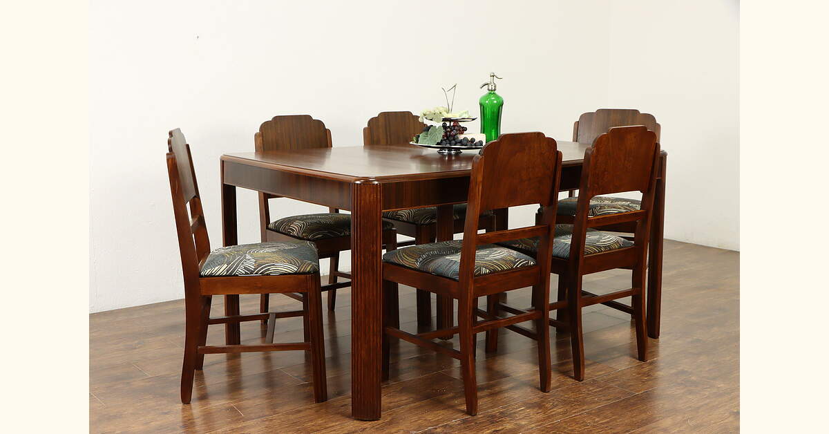 Art Deco 1930's Vintage Dining Set, Table, 6 Chairs, New Upholstery