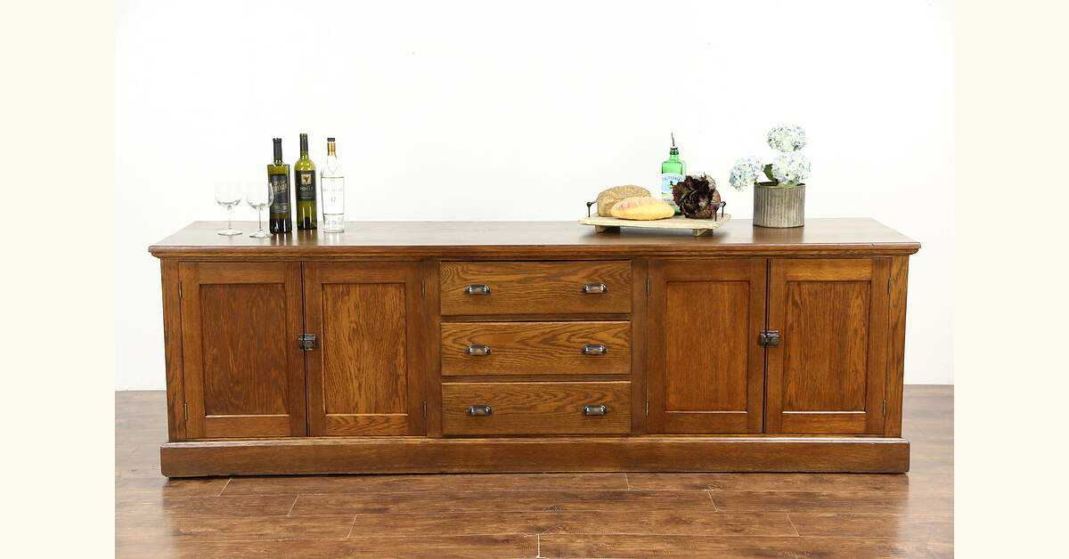 Oak 1900 Antique 8' Kitchen Counter, Sideboard or TV Console Cabinet