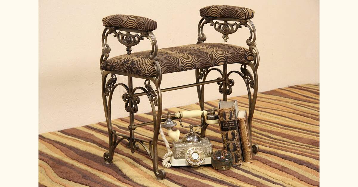 Iron Filigree 1920's Antique Bench with Arms, New Upholstery