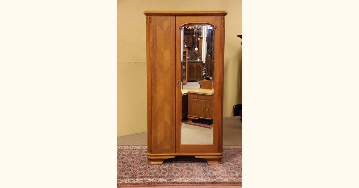 Art Deco Antique Oak Armoire, Beveled Mirror
