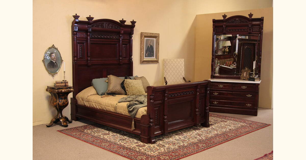 Victorian Eastlake Carved Mahogany Queen Bed Set
