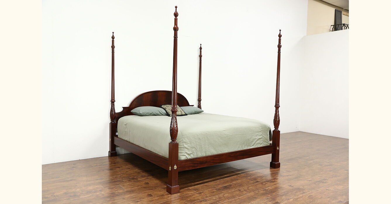 Baker Signed King Size Carved Mahogany Poster Bed Flame Grain Panels Baker Signed King Size Carved Mahogany, King Size Mahogany Poster Bed