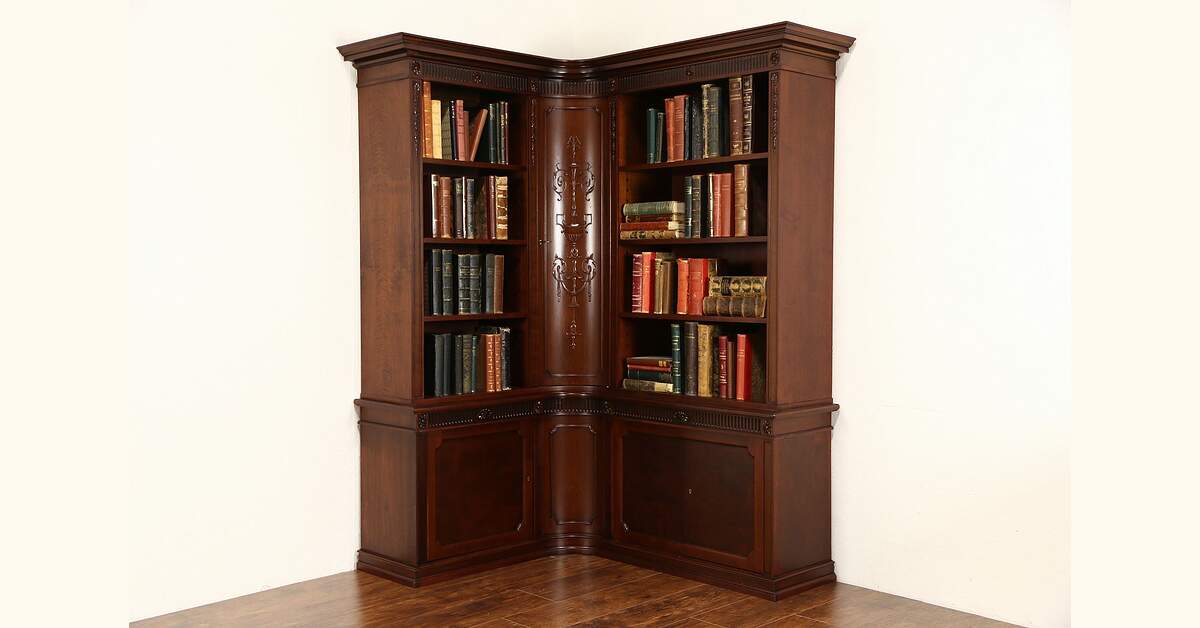Library Corner Bookcase, Scandinavian 1920 Antique Carved
