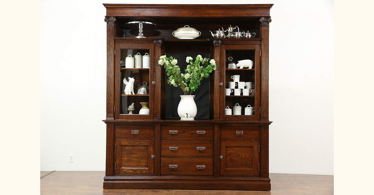 Oak 1900 Antique Back Bar or China Cabinet & Sideboard with Mirror
