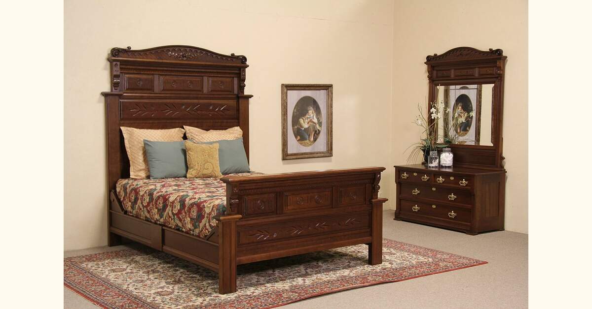 Queen Size 1880 Antique Eastlake Carved Cherry Bedroom Set, Bed & Dresser