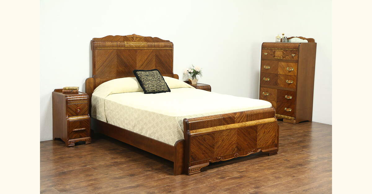 Waterfall Art Deco Vintage Bedroom Set, Queen Size Bed, Chest, 2