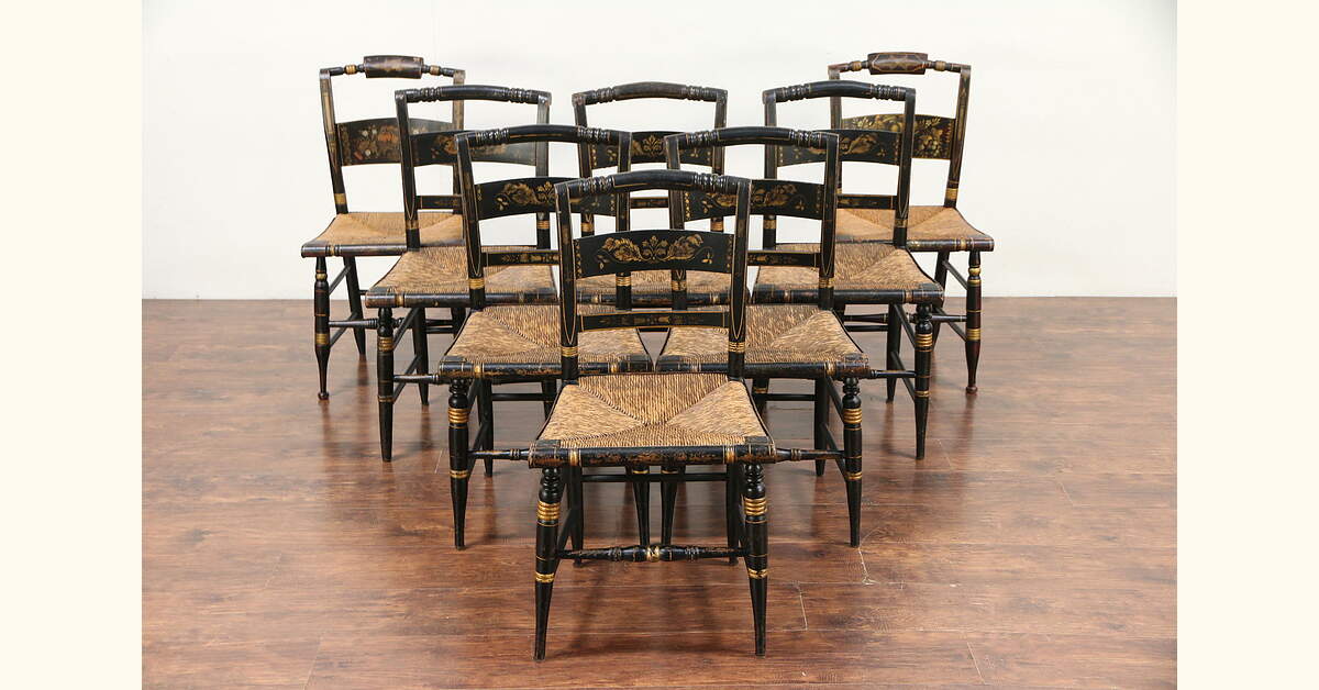 Set of 8 Antique Hitchcock Stencil & Hand Painted Rush Seat Dining
