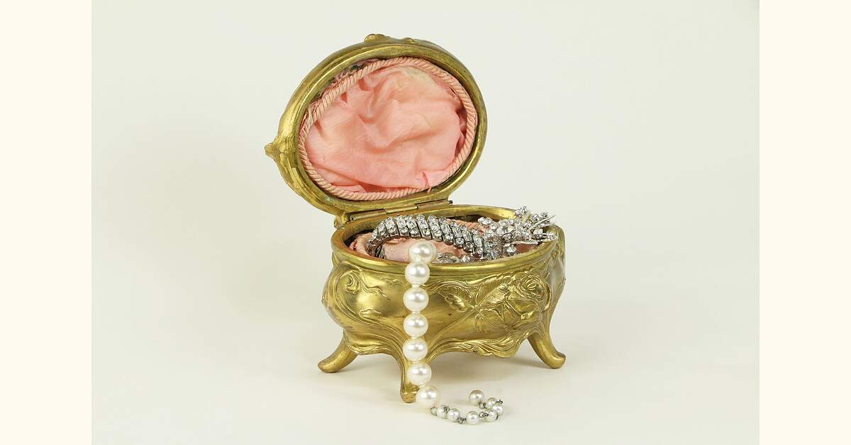 Art Nouveau Antique 1900 Jewelry Box, Gilt Bronze Finish
