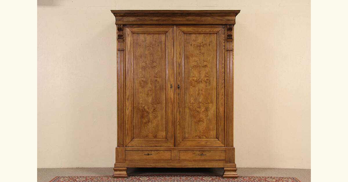 Oak, Hickory & Burl 1880 Antique Austrian Armoire or Closet, Disassembles