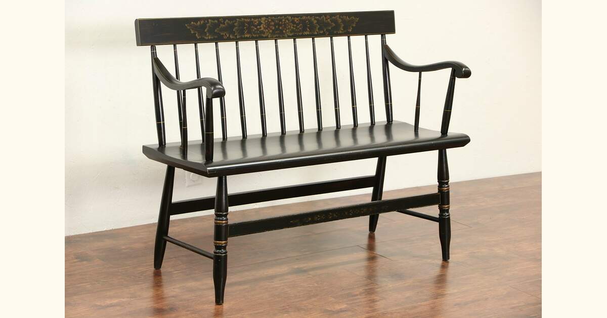 ビンテージロックvintage黒BLOCKHEADデッドストック Hitchcock Style 1950 Vintage Stenciled Black Hall Bench