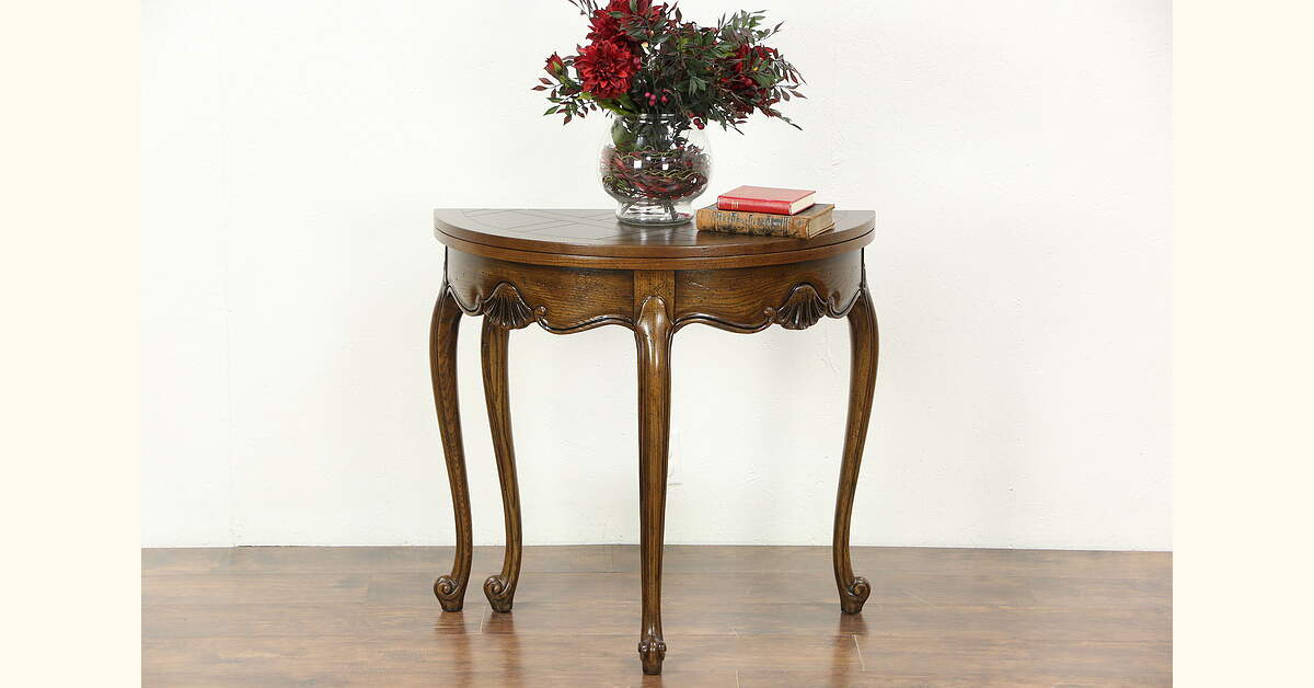 Oak Half Round Demilune Vintage Console, Opens to Round Game Table ...