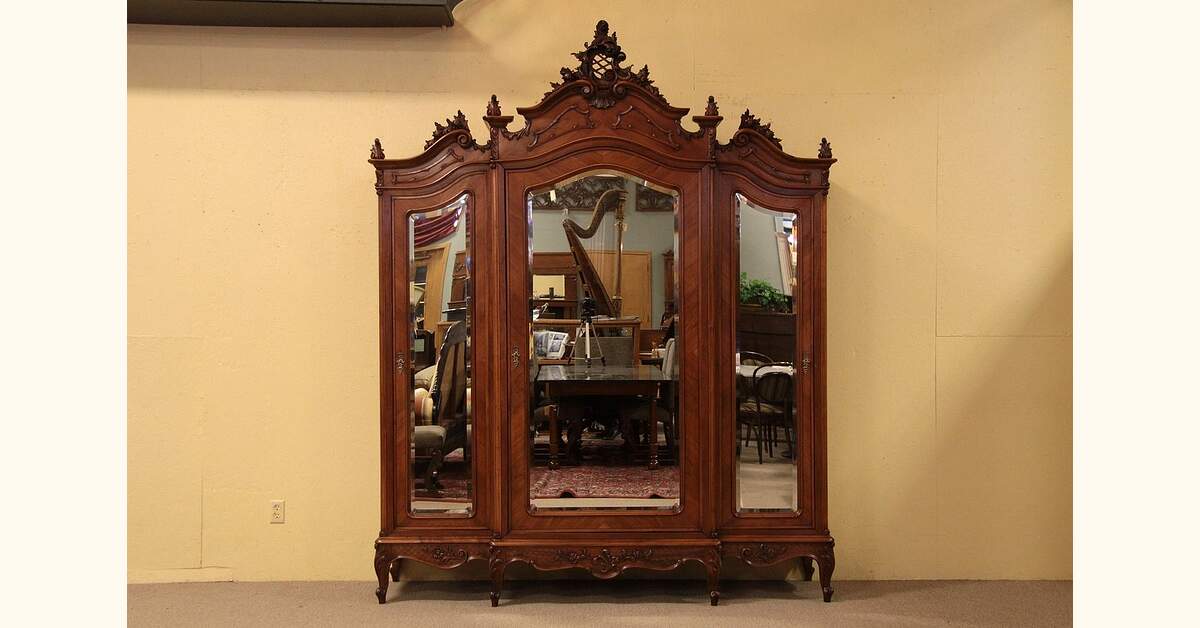 Carved Walnut Rosewood Triple Armoire Beveled Mirror
