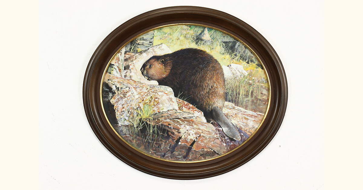 Beaver Among Rocks Vintage Original Acrylic Painting, Medcalf 26