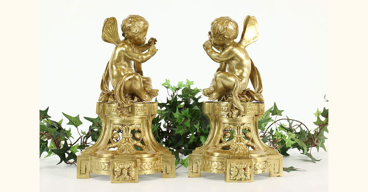 Pair of Bronze Antique Cupid or Cherub Statues French Fireplace Salvage