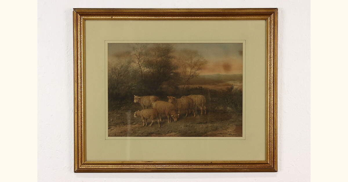 Grazing Sheep in Field Antique Art Print, Riecke for Tabor 25.5"