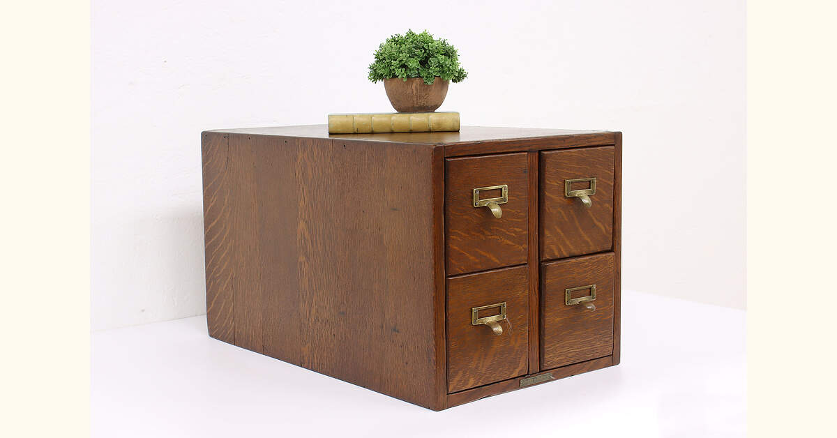 Table Top Card File Chest Desktop Antique Oak 4 Drawer Card File Cabinet, Clarke & Baker