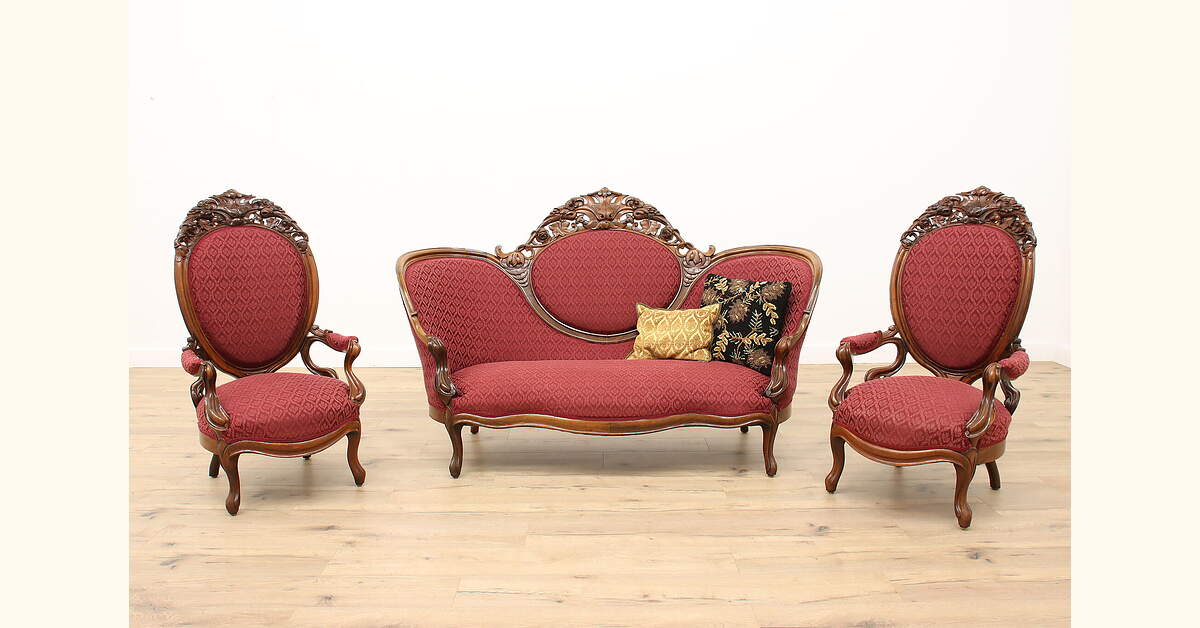 Victorian Carved Rosewood Antique 3pc Sofa & Chairs Set