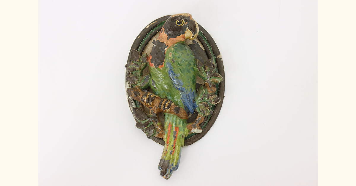 Junk Modelling Parrot Victorian Salvage Antique Cast Iron Painted Green Parrot Door Knocker