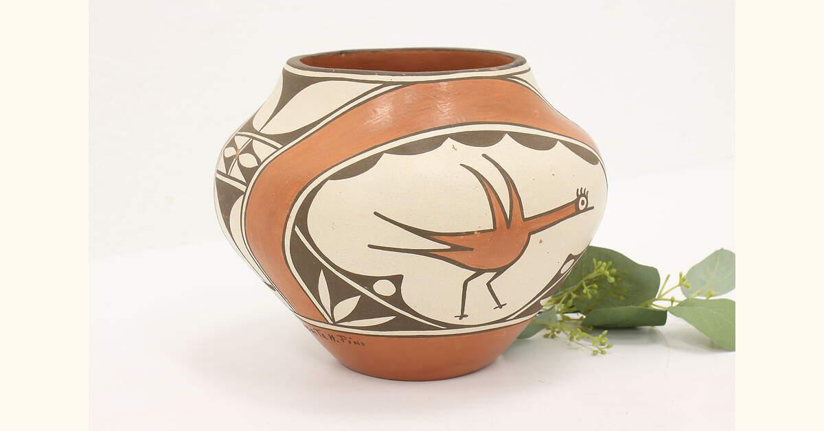 Native American Antique Acoma Pueblo Pottery Vase, Bird Motif