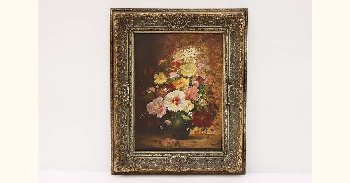 Still Life of Flowers in Vase Vintage Original Oil Painting, Signed 22"