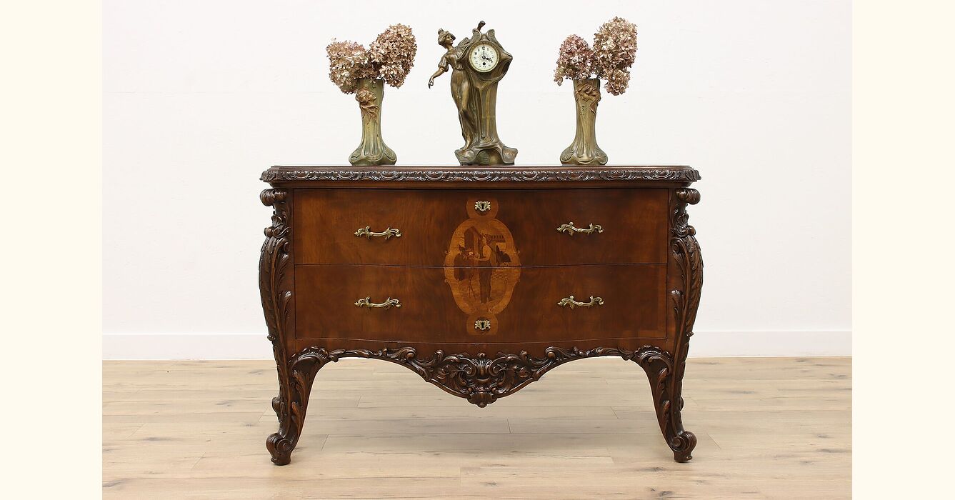 家具 italy bombe chest 18thC Italian Marquetry Bombe Chest of Drawers - Three