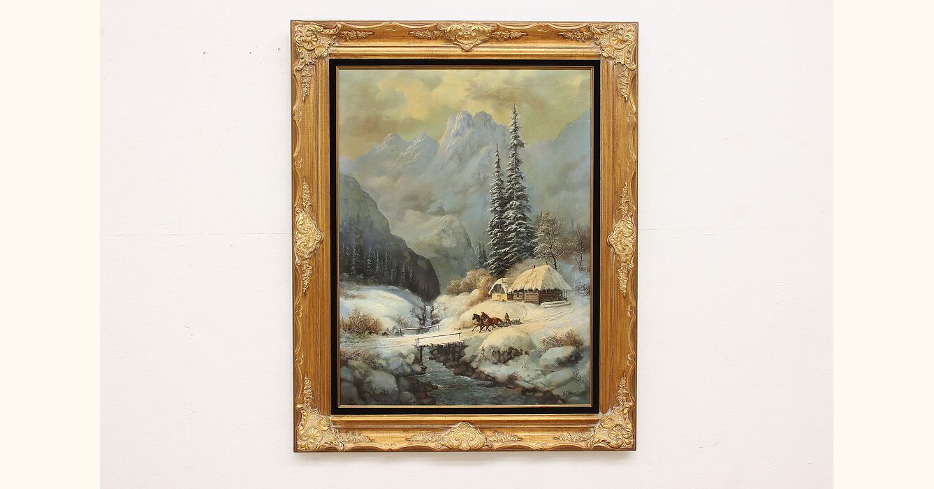 Snowy Mountainside Cabin Vintage Original Oil Painting