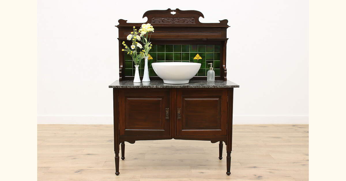 English Antique Washstand, Server, Vanity, Bar Marble & Tile